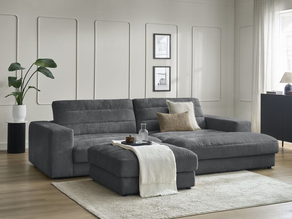 Produit similaire: Canapé d'angle fixe SIERRA tissu texturé avec pouf gris foncé angle droit BOBOCHIC 4 places