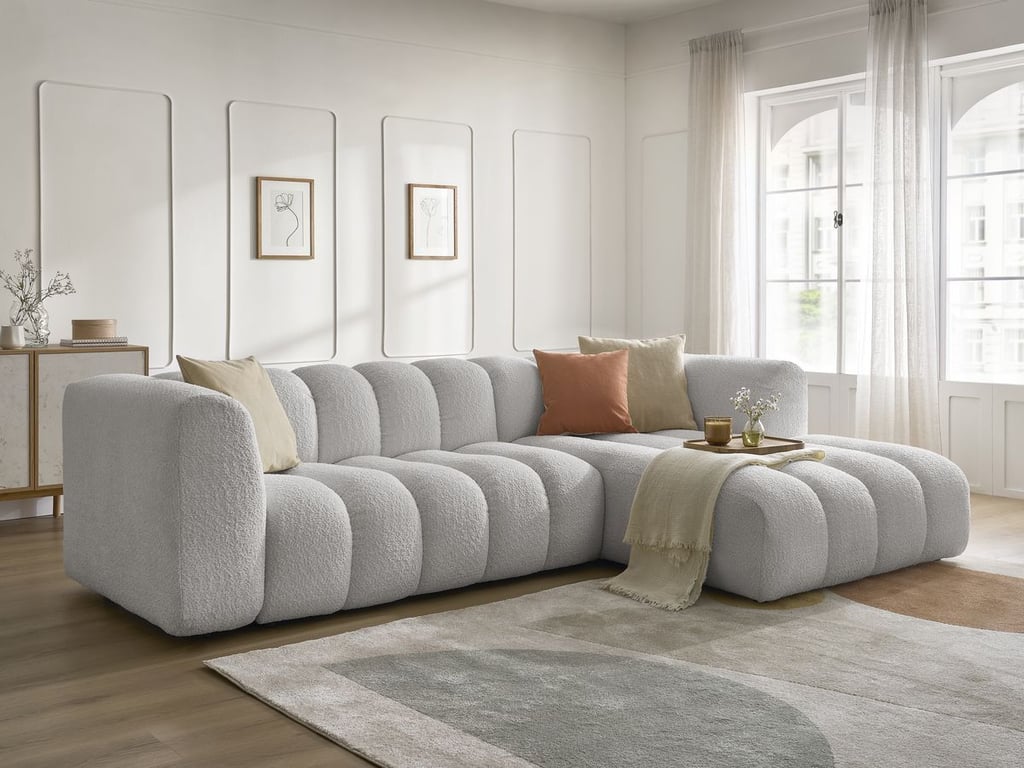 Produit similaire: Canapé d'angle fixe TALIA tissu bouclette gris clair angle droit BOBOCHIC 4 places