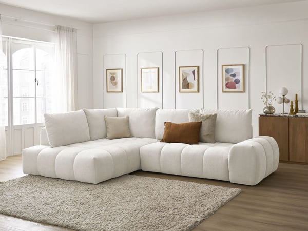Canapé d'angle L convertible coffre EVEREST tissu texturé blanc angle gauche BOBOCHIC 3 places