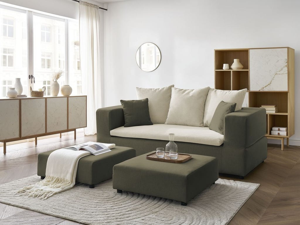 Produit similaire: Canapé droit convertible LEANDRE bi matière avec deux poufs beige et vert BOBOCHIC 4 places