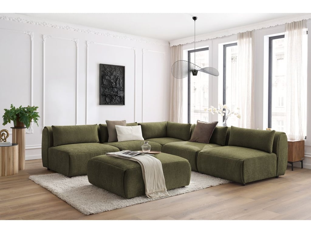 Produit similaire: Canapé d'angle fixe modulable JEANNE tissu texturé avec 4 chauffeuses, 1 angle et 1 pouf vert BOBOCHIC 6 places