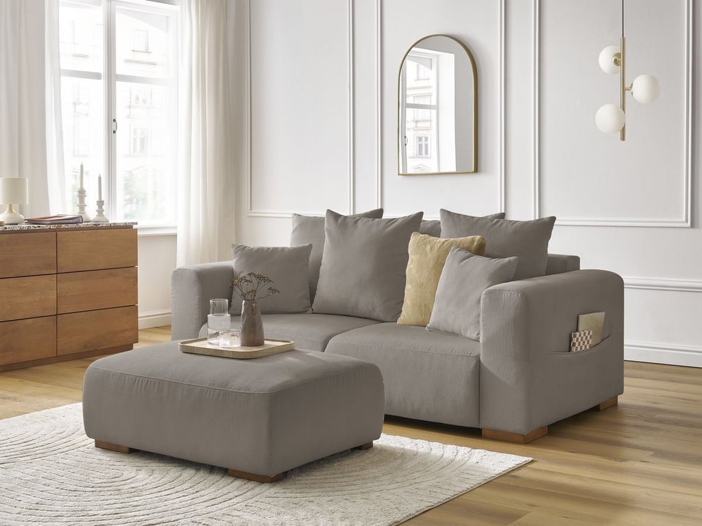 Produit similaire: Canapé droit fixe 2 places SIDONIE velours côtelé avec pouf taupe BOBOCHIC