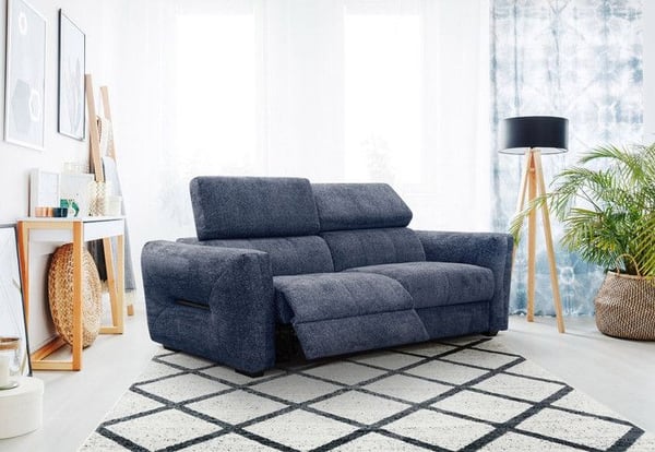 Canapé droit 3 places relax électrique tissu bleu foncé - CALVERA