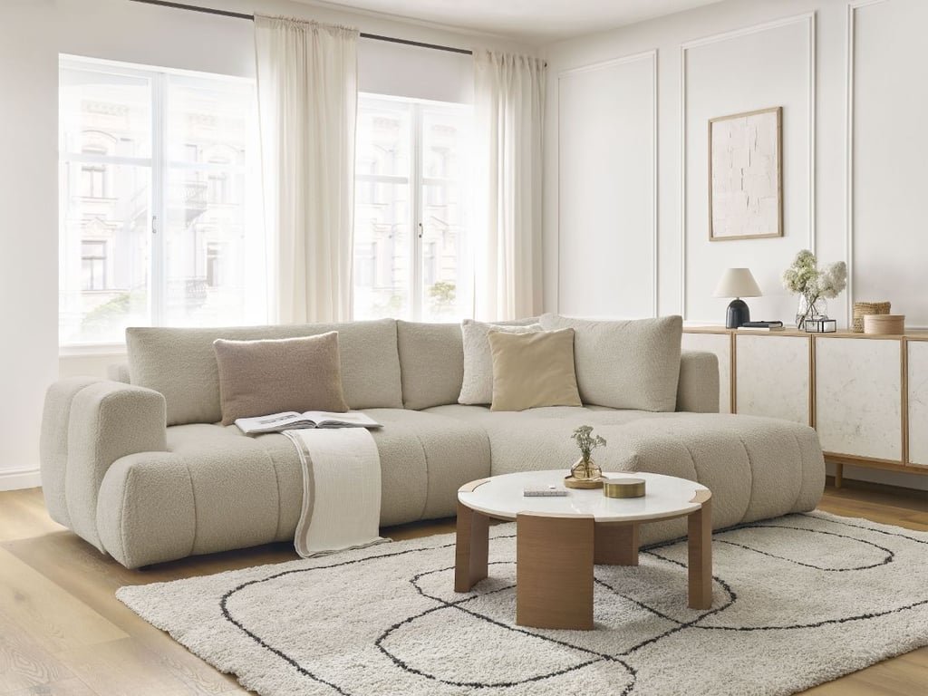 Produit similaire: Canapé d'angle L convertible FUJI tissu bouclette beige angle droit BOBOCHIC 4 places