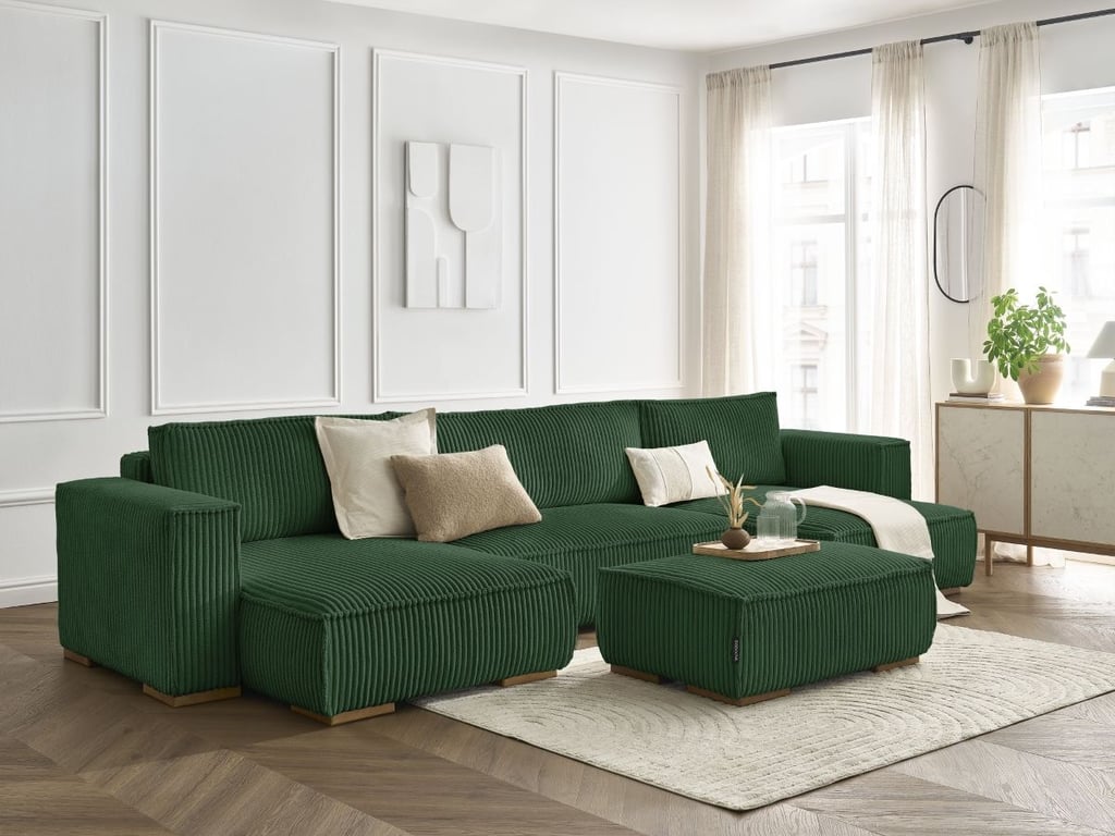Produit similaire: Canapé panoramique convertible coffre CHELSEA gros côtelé doux avec pouf vert BOBOCHIC 5 places