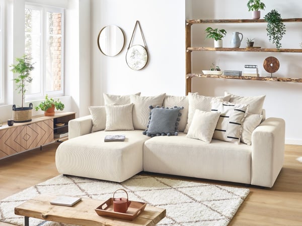 Envy canapé d'angle réversible convertible coffre 4 places velours côtelé beige