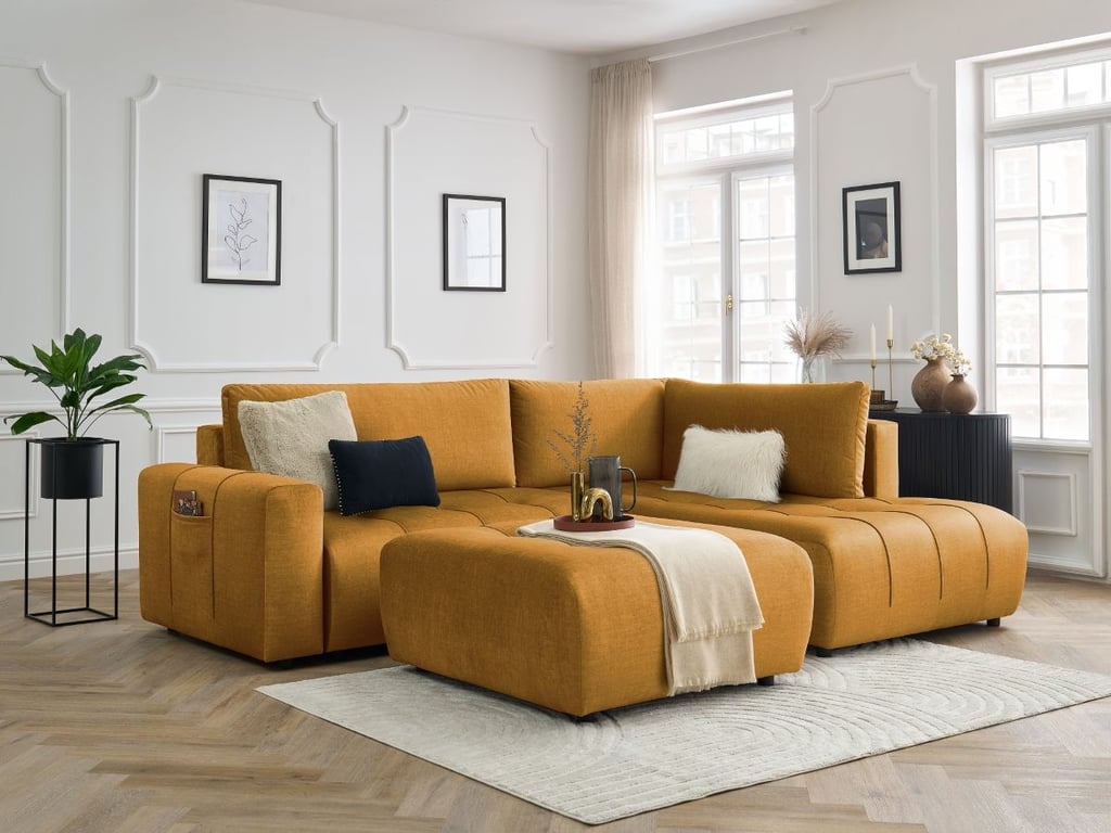 Produit similaire: Canapé d'angle L convertible coffre ARSENE tissu velours avec pouf jaune angle droit BOBOCHIC 4 places