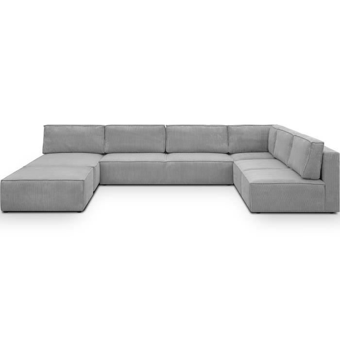 Produit similaire: Canapé d'angle à droite panoramique modulable convertible 10 places avec pouf en velours côtelé gris clair - Harper Mod