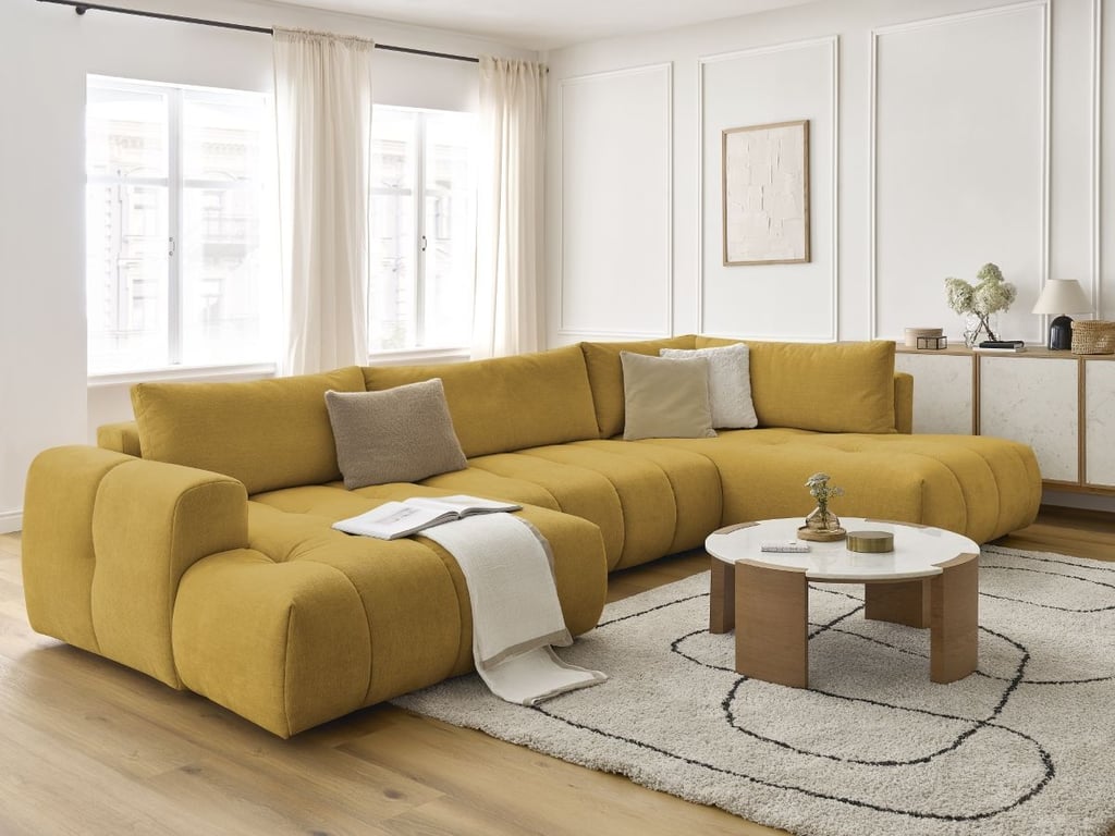 Produit similaire: Canapé d'angle panoramique convertible FUJI tissu lisse jaune angle gauche BOBOCHIC 5 places