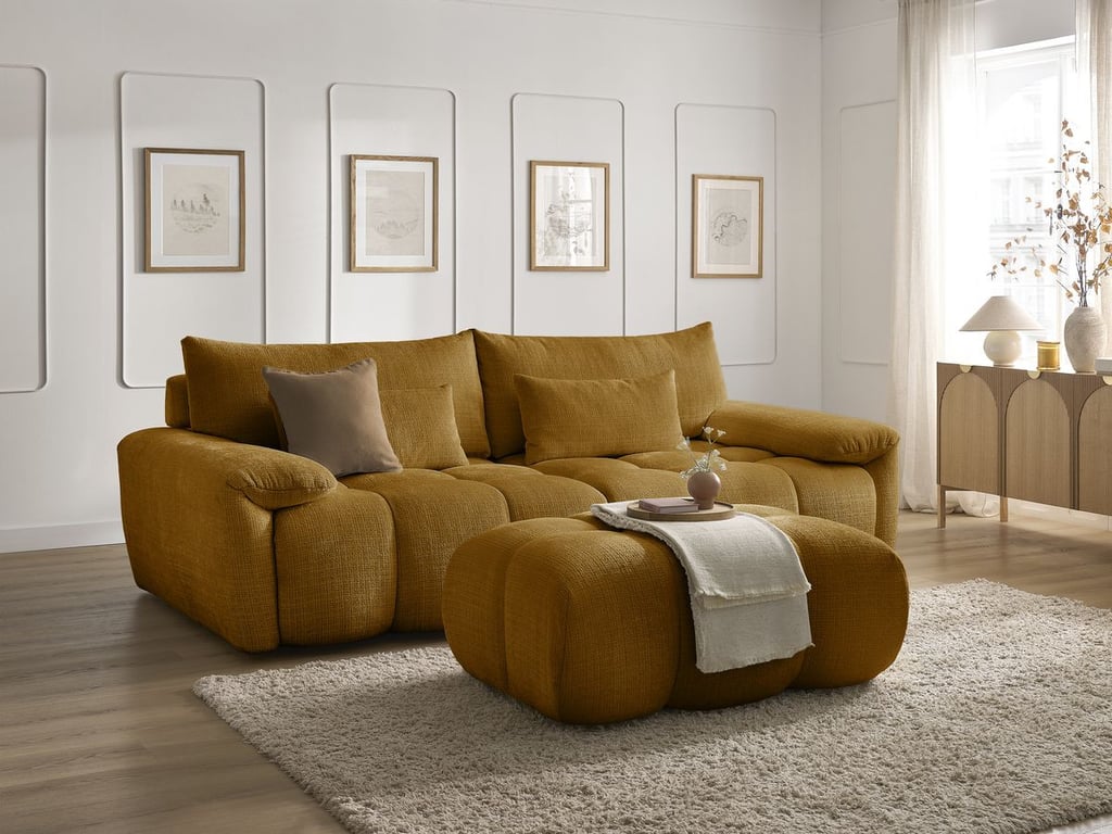 Produit similaire: Canapé droit fixe 3 places IVANE tissu texturé avec pouf jaune BOBOCHIC