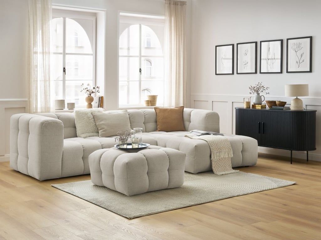 Produit similaire: Canapé d'angle fixe CLOUD avec pouf beige angle droit BOBOCHIC 3 places