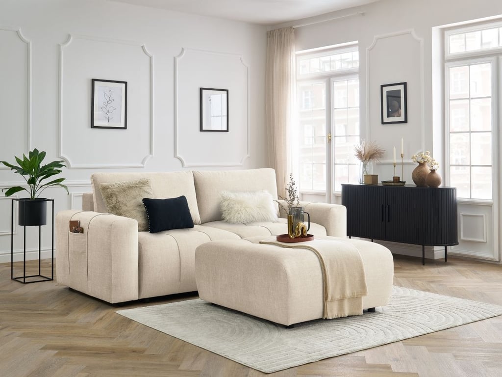 Produit similaire: Canapé droit convertible coffre ARSENE tissu velours avec pouf beige BOBOCHIC 4 places