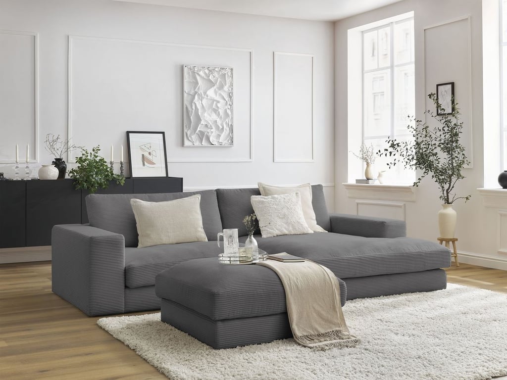 Produit similaire: Canapé d'angle fixe LEONARD velours côtelé avec pouf gris foncé angle droit BOBOCHIC 5 places