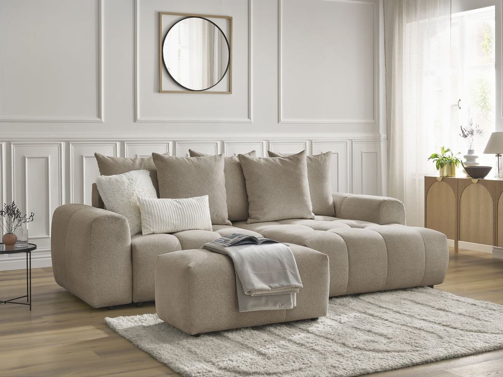 Produit similaire: Canapé d'angle convertible coffre ROXELANE tissu chiné avec pouf taupe angle droit BOBOCHIC 3 places