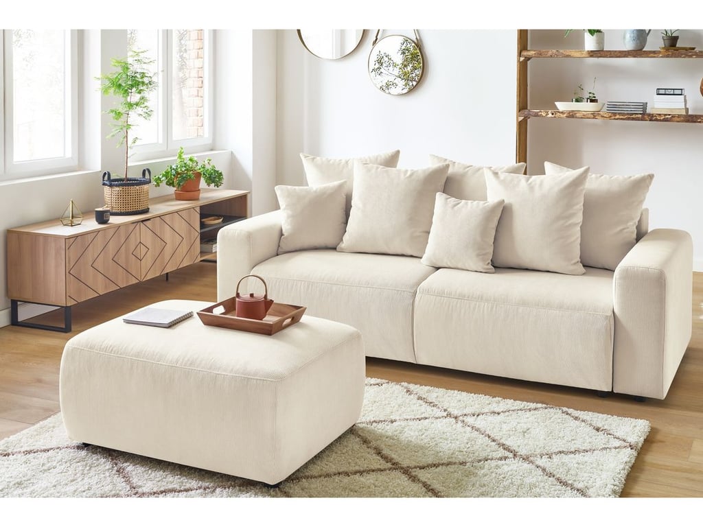 Produit similaire: Canapé droit convertible coffre ENVY velours côtelé avec pouf beige BOBOCHIC 3 places