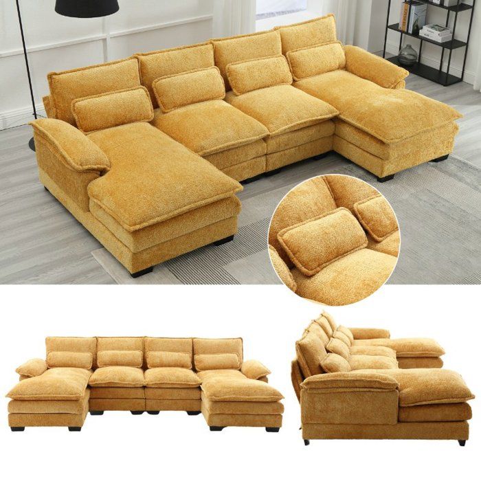 Produit similaire: Canapé d'angle en tissu  bouclé - Canapé modulable 4 places moderne en U - avec 4 coussins lombaires - design ergonomique - jaune