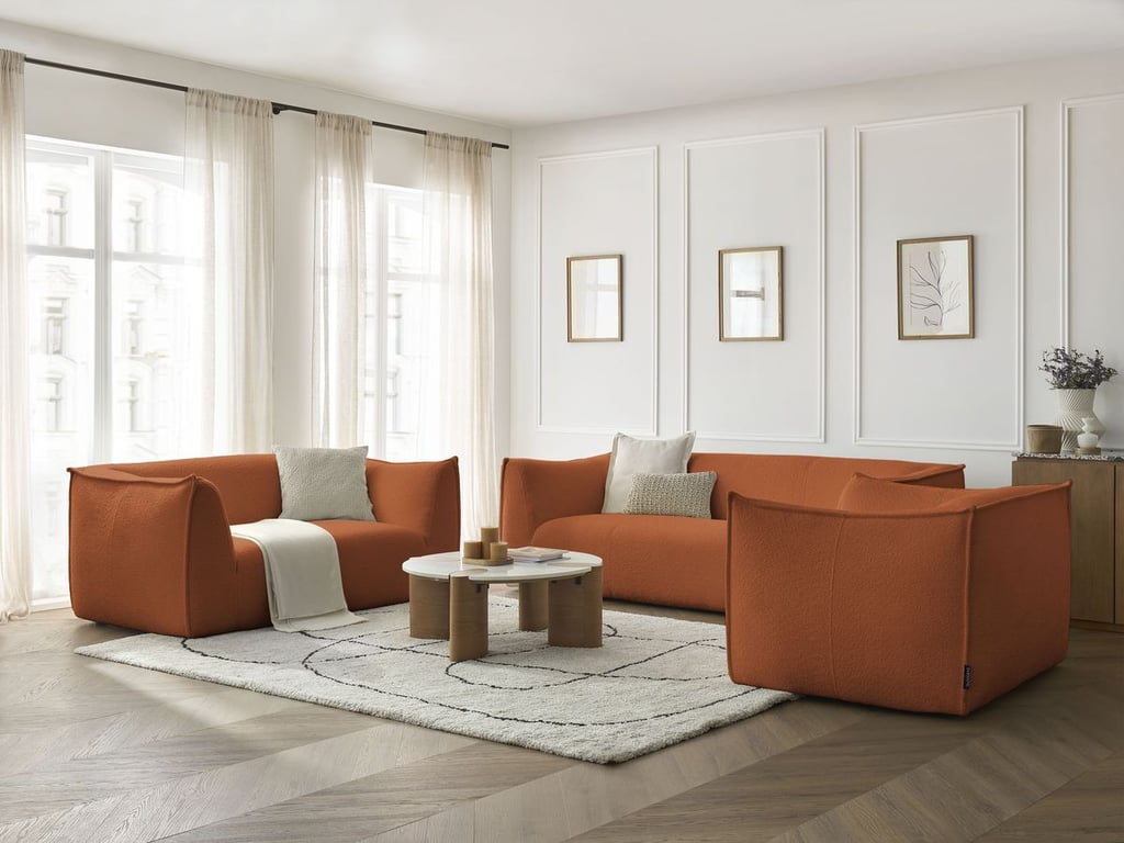 Produit similaire: Ensemble canapé droit fixe 3 + 2 places + fauteuil GIORGIA tissu bouclette orange BOBOCHIC