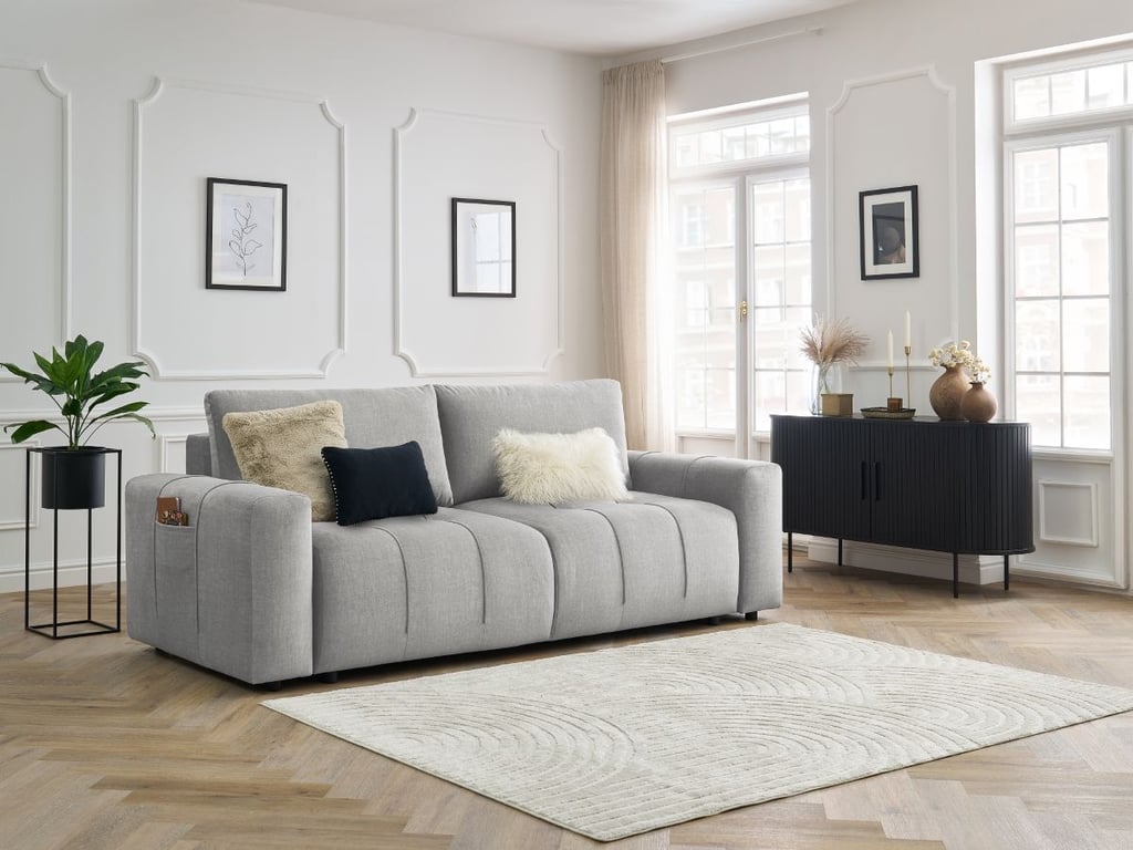 Produit similaire: Canapé droit convertible coffre ARSENE tissu velours gris clair BOBOCHIC 3 places