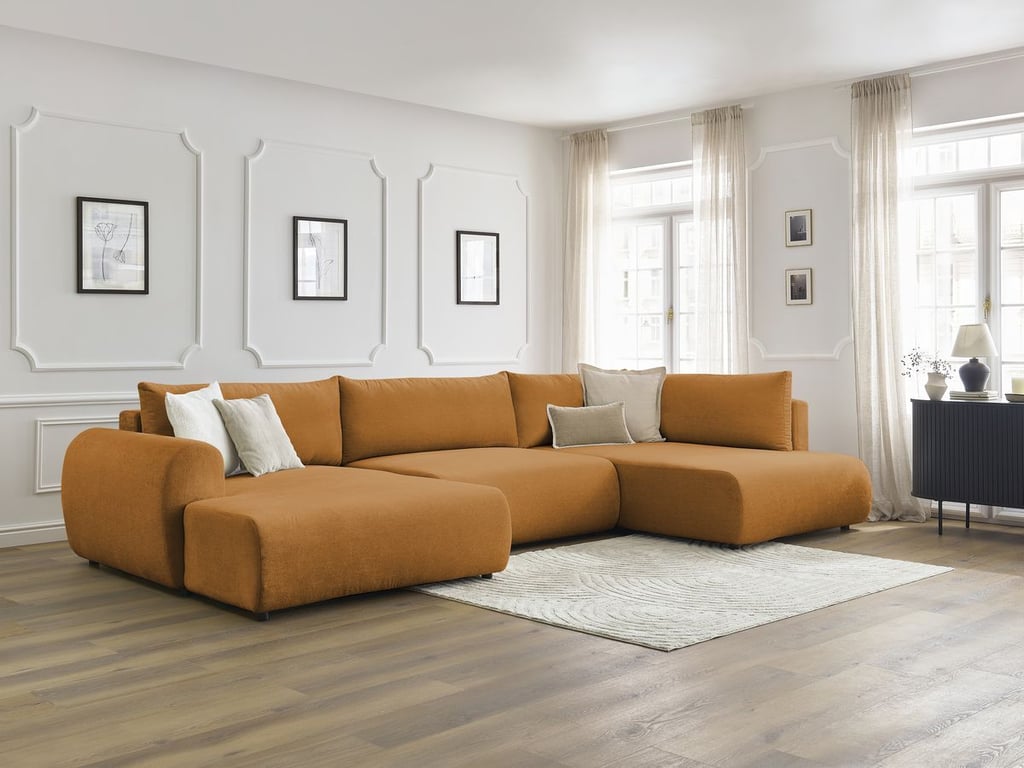 Produit similaire: Canapé panoramique convertible coffre LUCIEN tissu lisse jaune angle gauche BOBOCHIC 5 places