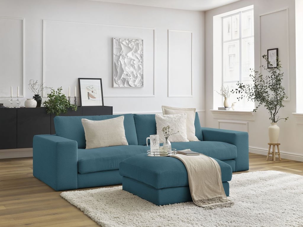 Produit similaire: Canapé droit fixe 3 places compact LEONARD velours côtelé avec pouf bleu clair BOBOCHIC