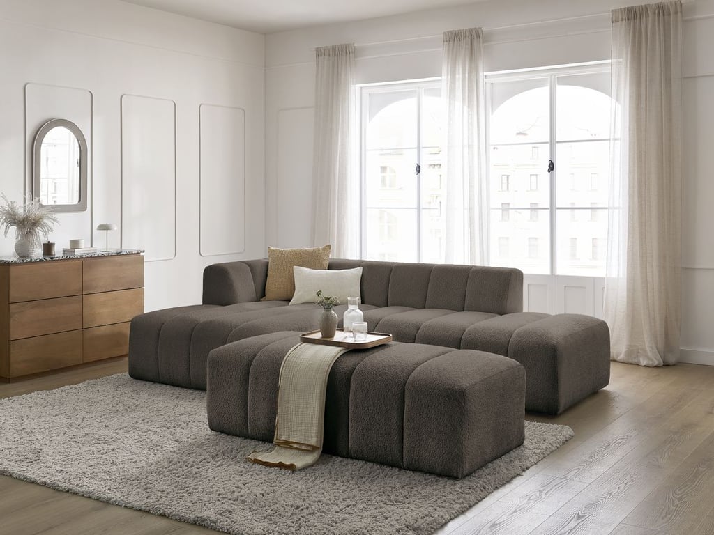 Produit similaire: Canapé d'angle fixe modulable ANNECY tissu bouclette avec pouf marron angle gauche BOBOCHIC 4 places