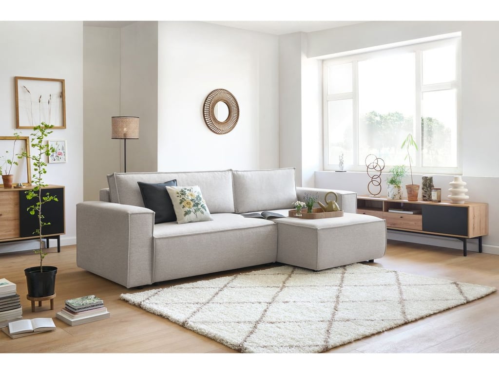 Produit similaire: Canapé d'angle réversible convertible coffre NIHAD tissu beige BOBOCHIC 5 places