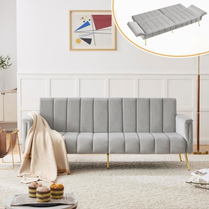 Canapé-lit - MISNODE - Pliant 2-3 Places - Tissu velours - Dimensions 183x76x75cm - Gris