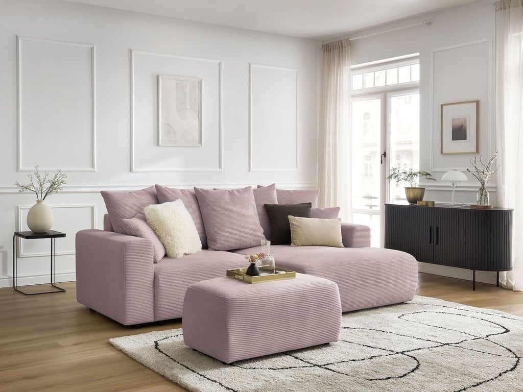 Produit similaire: Canapé d'angle convertible coffre ATILLA velours côtelé avec pouf violet angle droit BOBOCHIC 4 places
