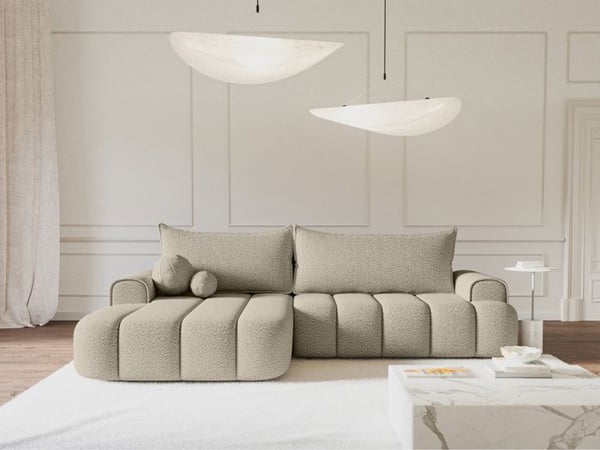 Canapé d'angle convertible - DANDELINO - en bouclé beige clair avec revêtement -côté gauche