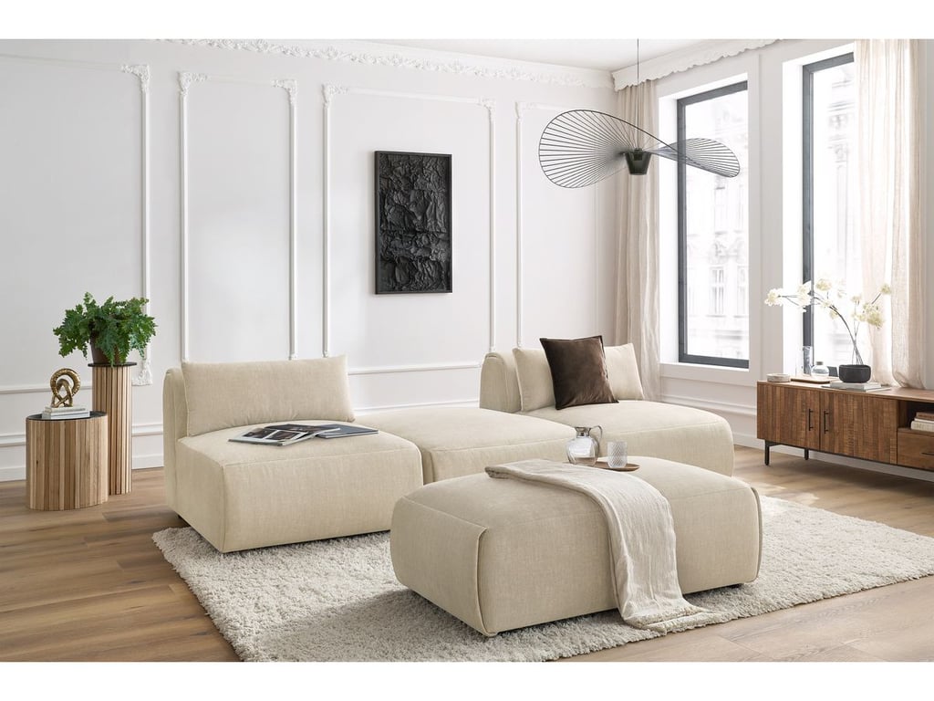 Produit similaire: Canapé droit fixe 3 places JEANNE avec pouf tissu velours beige BOBOCHIC 4 places