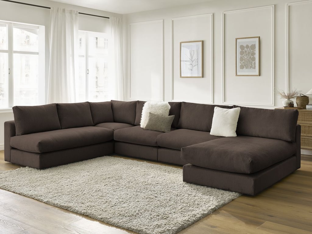 Produit similaire: Canapé d'angle modulable PARIS velours côtelé avec 3 chauffeuses, 1 méridienne et 1 angle marron BOBOCHIC 5 places