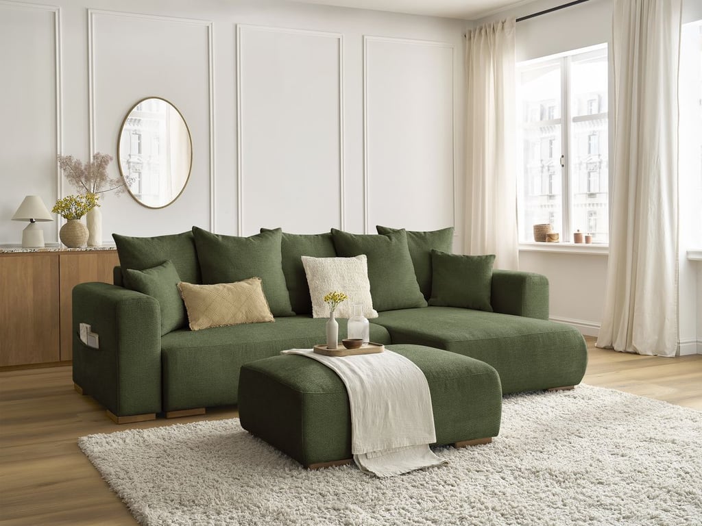 Produit similaire: Canapé d'angle convertible réversible coffre SIDONIE tissu chiné avec pouf vert BOBOCHIC 4 places