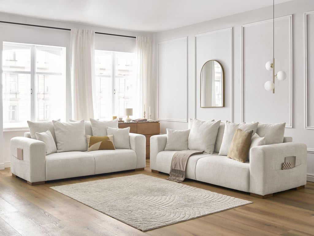 Produit similaire: Ensemble canapé droit fixe 3 + 2 places SIDONIE tissu chiné beige BOBOCHIC