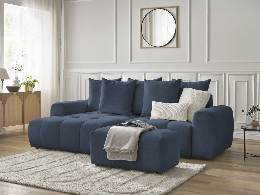 Produit similaire: Canapé d'angle convertible coffre ROXELANE tissu chiné avec pouf bleu foncé angle gauche BOBOCHIC 3 places