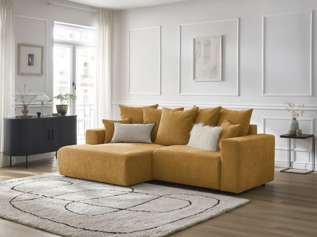 Produit similaire: Canapé d'angle convertible coffre ATILLA tissu texturé jaune angle gauche BOBOCHIC 4 places