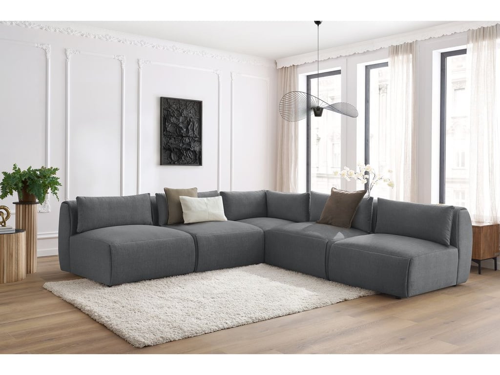 Produit similaire: Canapé d'angle fixe modulable JEANNE tissu velours avec 4 chauffeuses et 1 angle gris foncé réversible BOBOCHIC 5 places