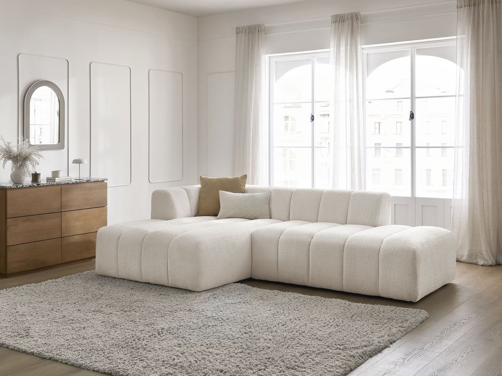 Produit similaire: Canapé d'angle fixe modulable ANNECY tissu bouclette blanc angle gauche BOBOCHIC 3 places