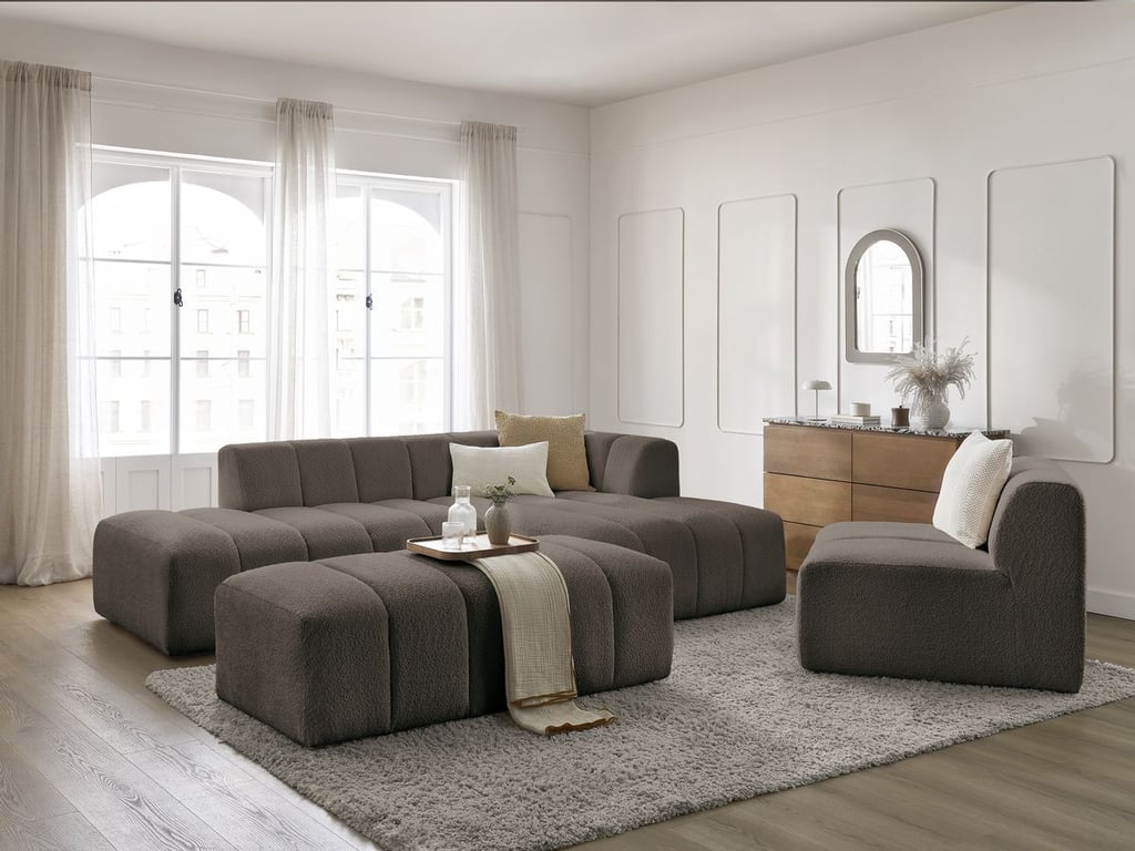 Produit similaire: Canapé d'angle fixe modulable ANNECY tissu bouclette avec 1 chauffeuse 1 place et 1 pouf marron angle droit BOBOCHIC 5 places