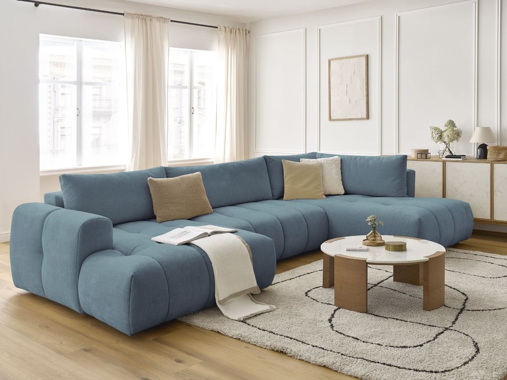 Produit similaire: Canapé d'angle panoramique convertible FUJI tissu lisse bleu clair angle gauche BOBOCHIC 5 places