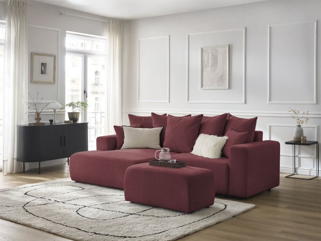 Produit similaire: Canapé d'angle convertible coffre ATILLA tissu chiné avec pouf rouge angle gauche BOBOCHIC 5 places