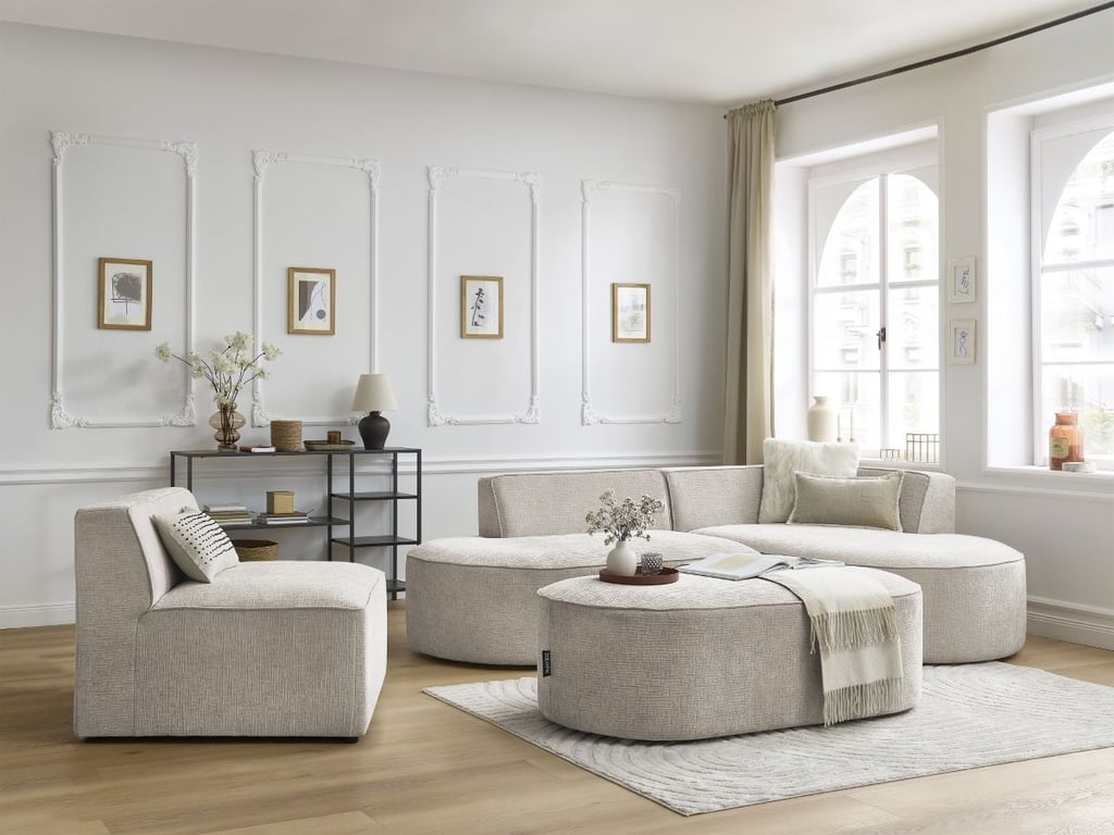 Produit similaire: Canapé d'angle fixe modulable ROUSSEAU tissu texturé avec 1 chauffeuse et 1 pouf beige angle droit BOBOCHIC 6 places