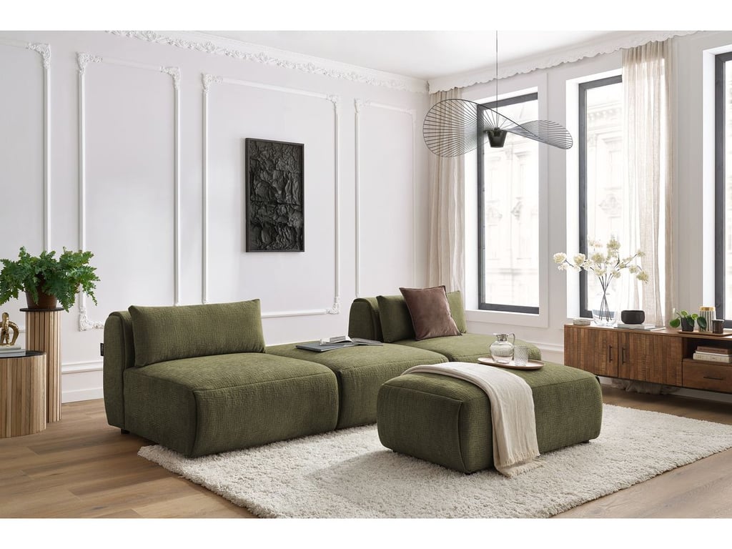 Produit similaire: Canapé droit fixe 3 places JEANNE avec pouf tissu texturé vert BOBOCHIC 4 places