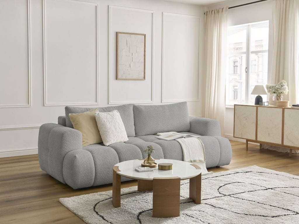 Produit similaire: Canapé droit convertible 3 places FUJI tissu bouclette gris clair BOBOCHIC