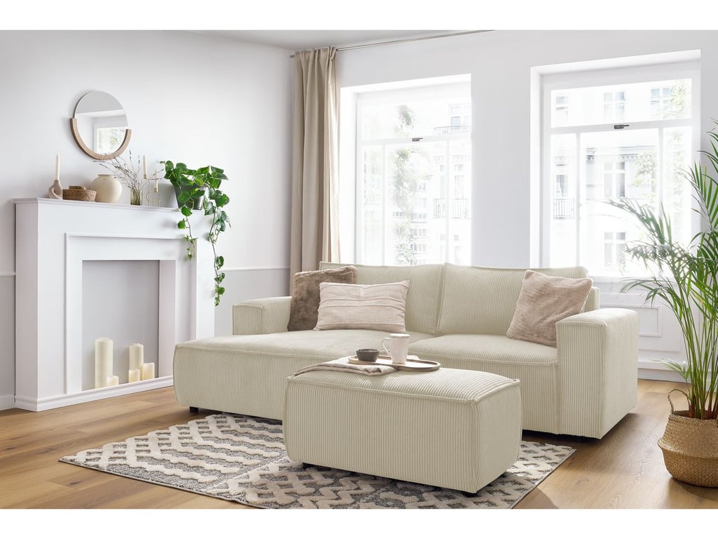 Produit similaire: Canapé d'angle fixe compact NIHAD velours côtelé avec pouf beige angle gauche BOBOCHIC 3 places