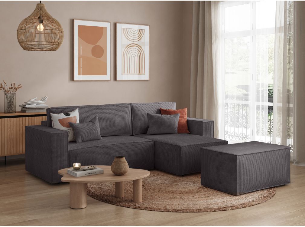 Produit similaire: PACK - CLARISSE - Canapé d'angle convertible réversible avec pouf en velours côtelé