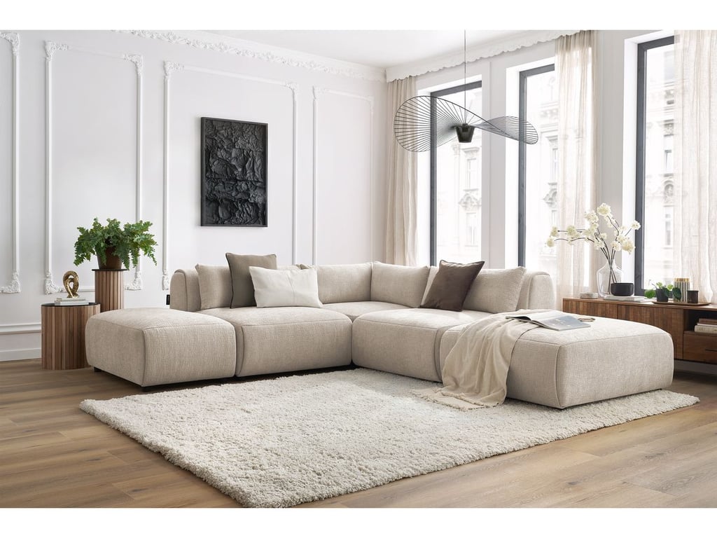 Produit similaire: Canapé d'angle fixe modulable JEANNE tissu texturé avec 2 chauffeuses, 1 angle et 2 poufs beige BOBOCHIC 5 places