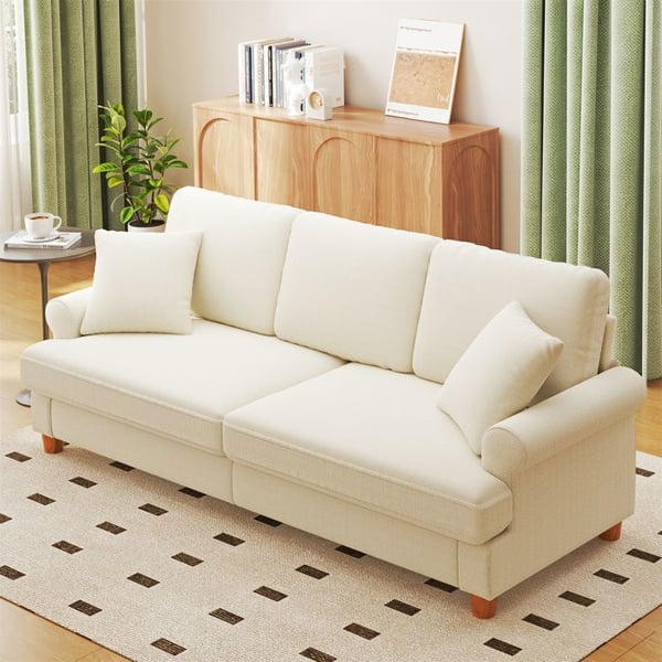 Grand Canapé 3 Places en Chenille Beige avec accoudoirs,2 oreillers,Canapé Moderne pour le salon,pieds en bois,220×74×86cm