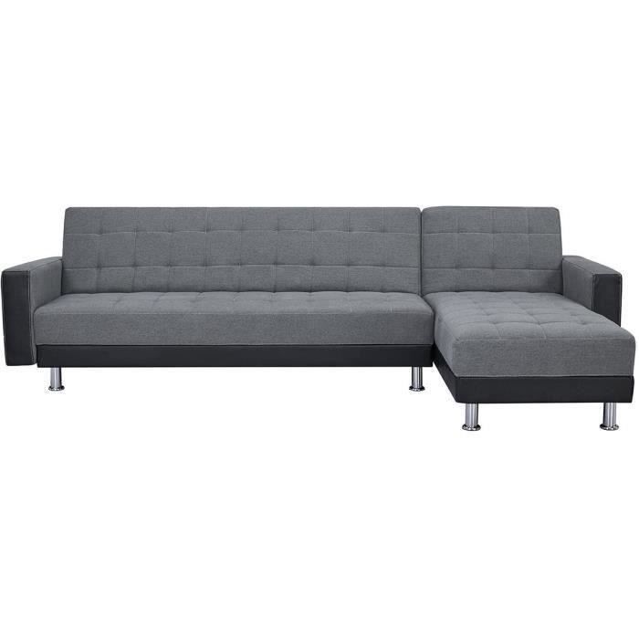 Produit similaire: Canapé d'angle 3 places réversible - Tissu gris et simili noir - Pieds en acier - L 277 x P 157 x H 80 cm - IVANA