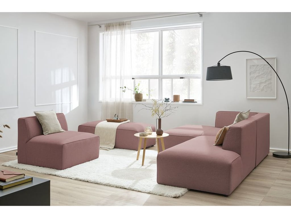 Produit similaire: Canapé d'angle fixe modulable MEGEVE tissu chiné avec 1 chauffeuse et 1 pouf rose angle gauche BOBOCHIC 6 places
