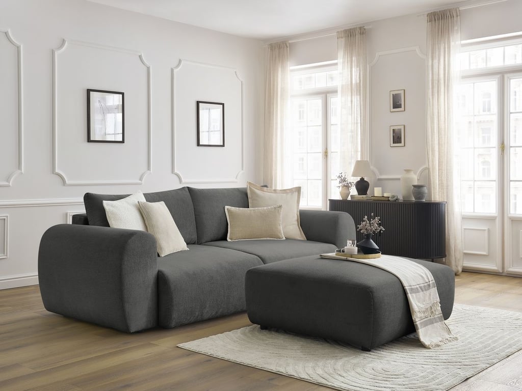 Produit similaire: Canapé droit convertible coffre LUCIEN tissu lisse avec pouf gris foncé BOBOCHIC 4 places